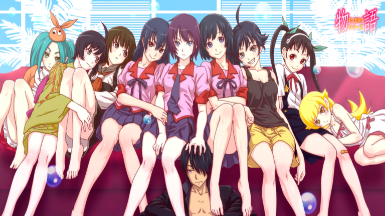 Serie de anime Monogatari Series (2009) en una composición estilizada con tonos oscuros y elementos sobrenaturales