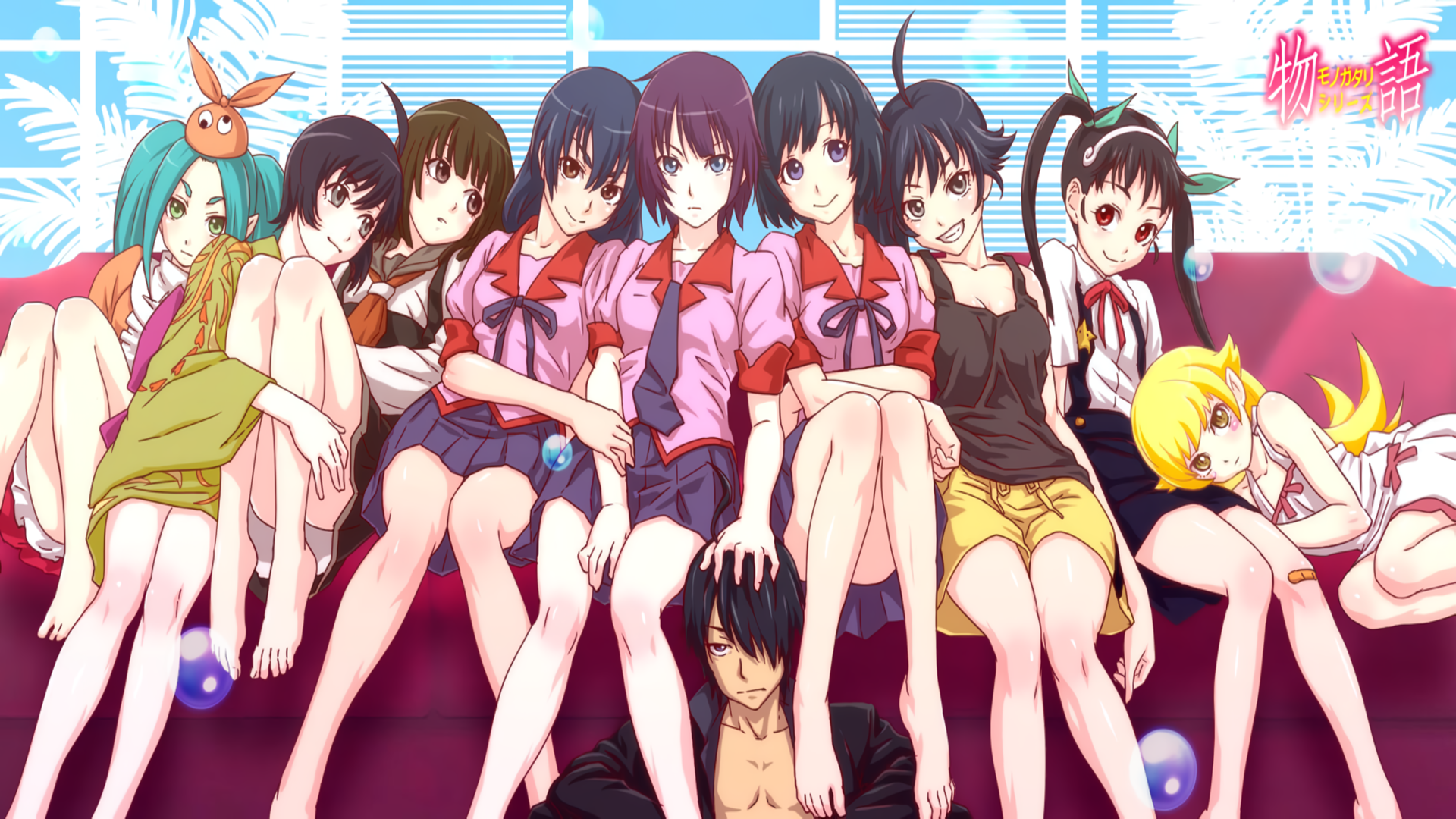Serie de anime Monogatari Series (2009) en una composición estilizada con tonos oscuros y elementos sobrenaturales