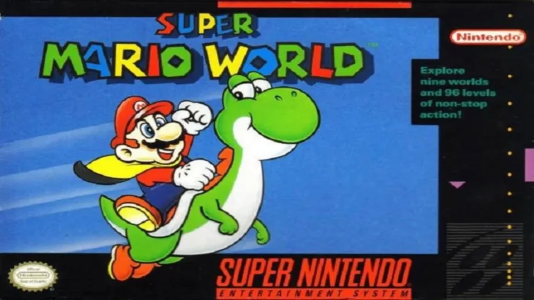 Portada de Super Mario World en SNES, con Mario montando a Yoshi