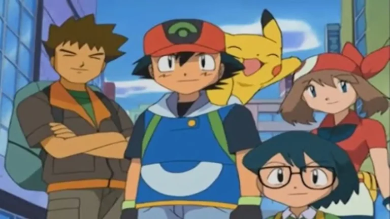 Escena nostálgica de Crónicas Pokémon (2005) con Misty, Brock y Gary en aventuras paralelas al viaje de Ash