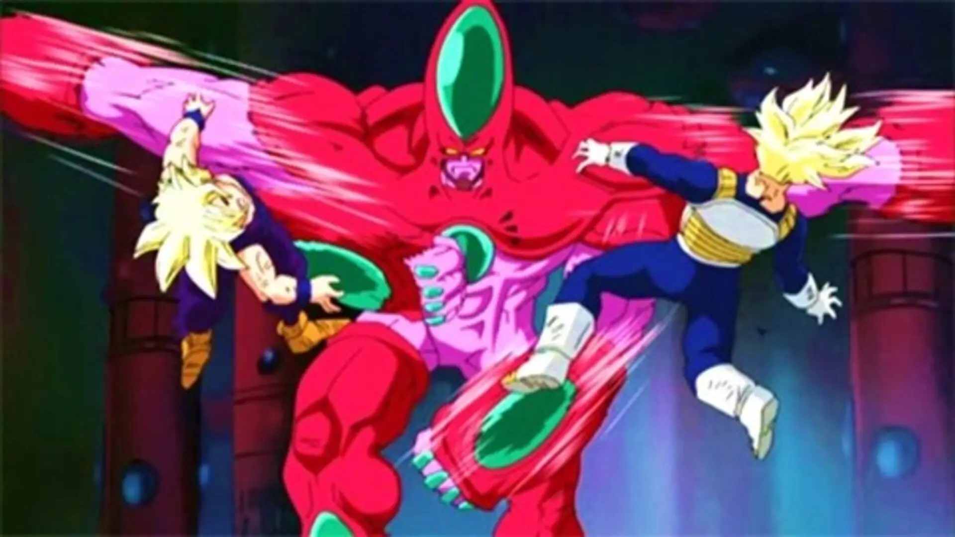 Goku, Vegeta y Trunks enfrentando a los guerreros fantasma en Dragon Ball Z: El Plan para Erradicar a los Saiyajin (1993)
