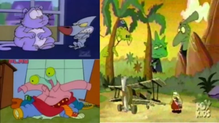 Eek! El Gato (1992), personaje animado púrpura con expresión alegre, fondo colorido estilo noventero