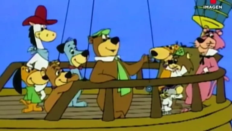Yogi, Boo Boo y amigos en la serie animada retro de 1973, viajando en su arca ecológica con estilo clásico