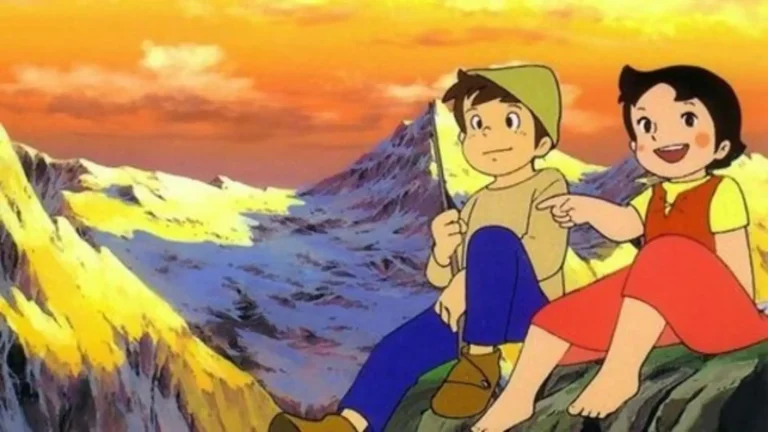Heidi y su abuelo en los Alpes suizos en una escena nostálgica del anime clásico de 1974