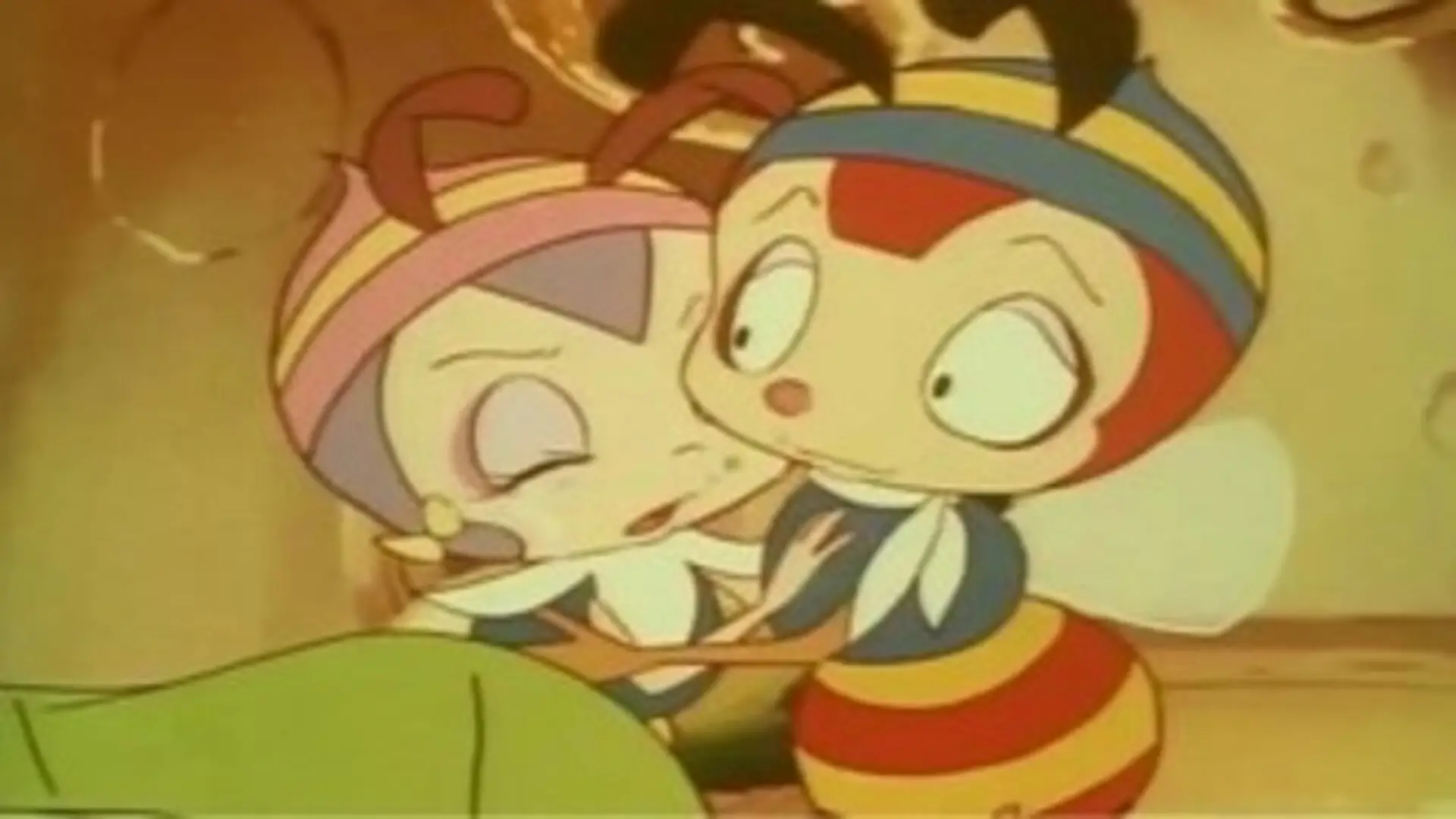 La abejita Hutch volando entre flores, escena del anime clásico de 1971