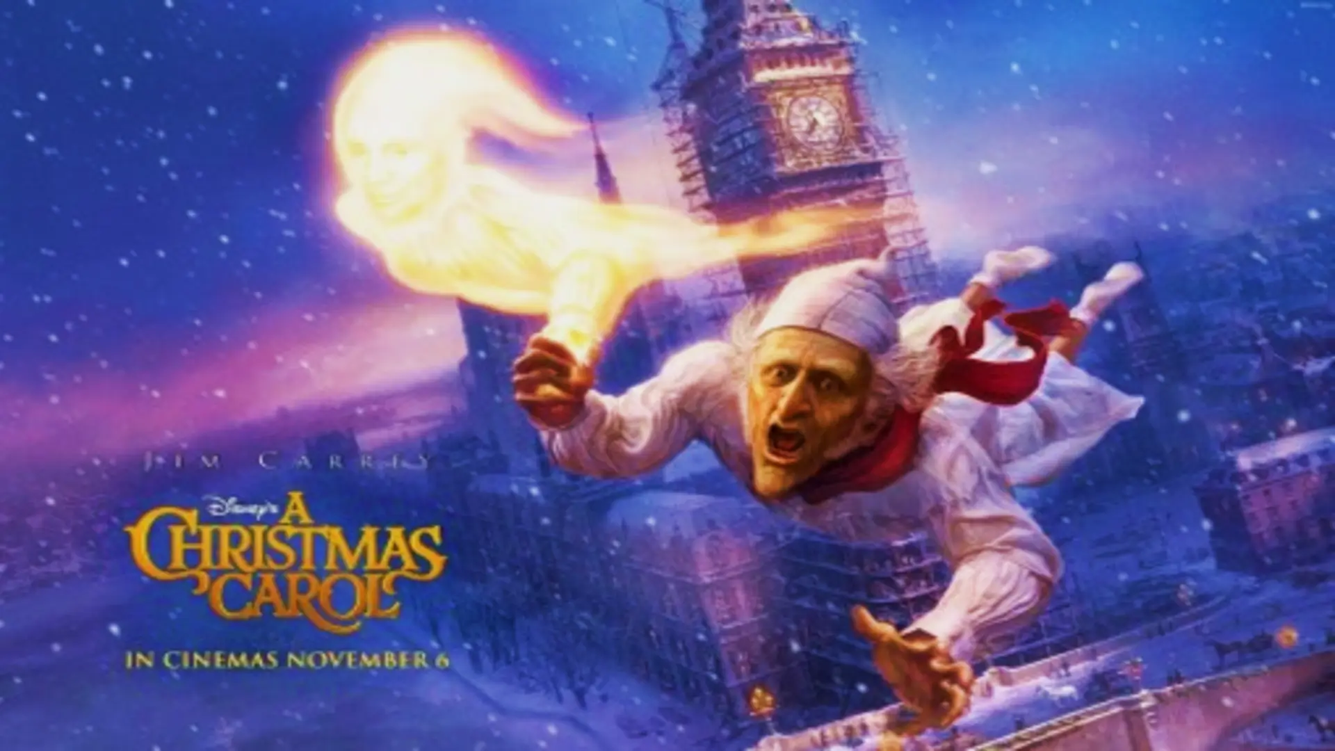 Los Fantasmas de Scrooge (2009) Ebenezer Scrooge con expresión sombría rodeado por los tres fantasmas navideños