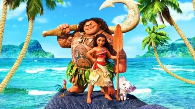 Moana navegando por el océano en una escena llena de color, esperanza y tradición, representando el espíritu del clásico animado número 56 de Disney