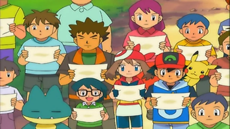 Ash, May, Max y Brock en la Liga Hoenn durante la octava temporada del anime Pokémon: Batalla Avanzada (2004)