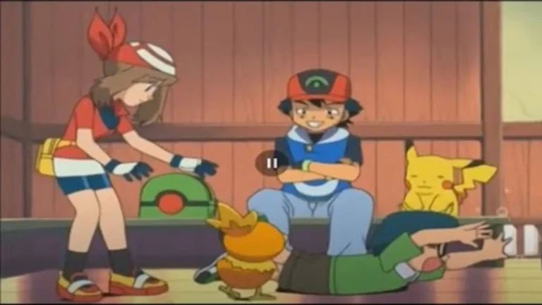 Ash, May, Max y Brock en la región Hoenn durante la sexta temporada del anime Pokémon: Fuerza Máxima (2002)