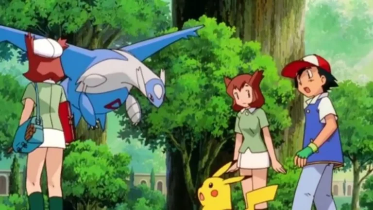 Escena nostálgica de Pokémon Heroes (2002) con Latios, Latias y Ash en la ciudad acuática de Altomare