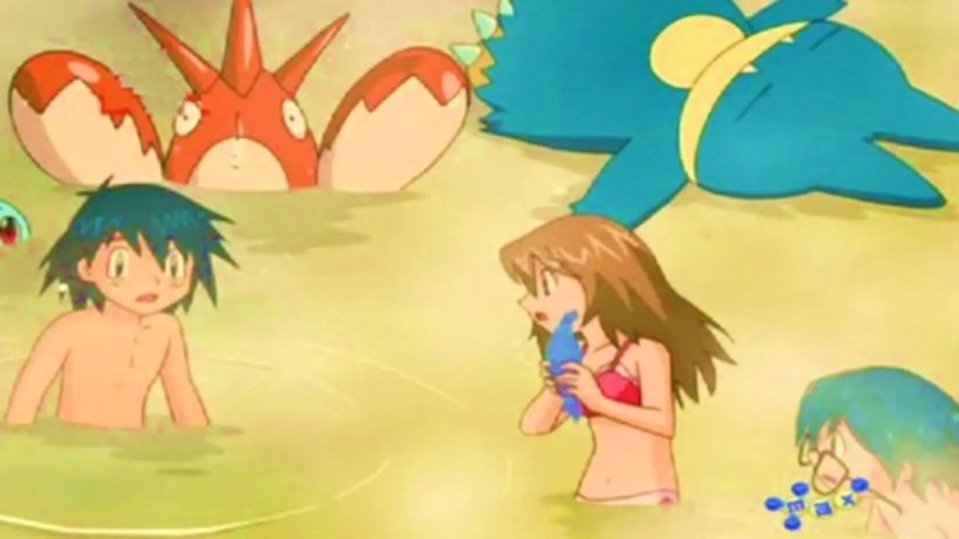 Lucario, Ash y Mew en el Árbol del Comienzo durante la película Pokémon: Lucario y el misterio de Mew (2005)
