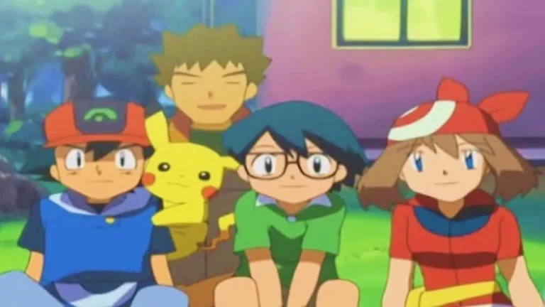 Ash, May, Max y Brock en la región Hoenn durante la séptima temporada del anime Pokémon: Reto Máximo (2003)