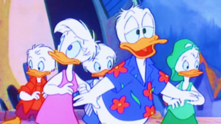 Escena retro de Quack Pack (1996), serie animada de comedia juvenil con Donald y sus sobrinos adolescentes