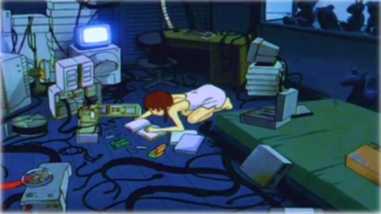 Escena cyberpunk de Serial Experiments Lain (1998), serie de anime con atmósfera filosófica y digital