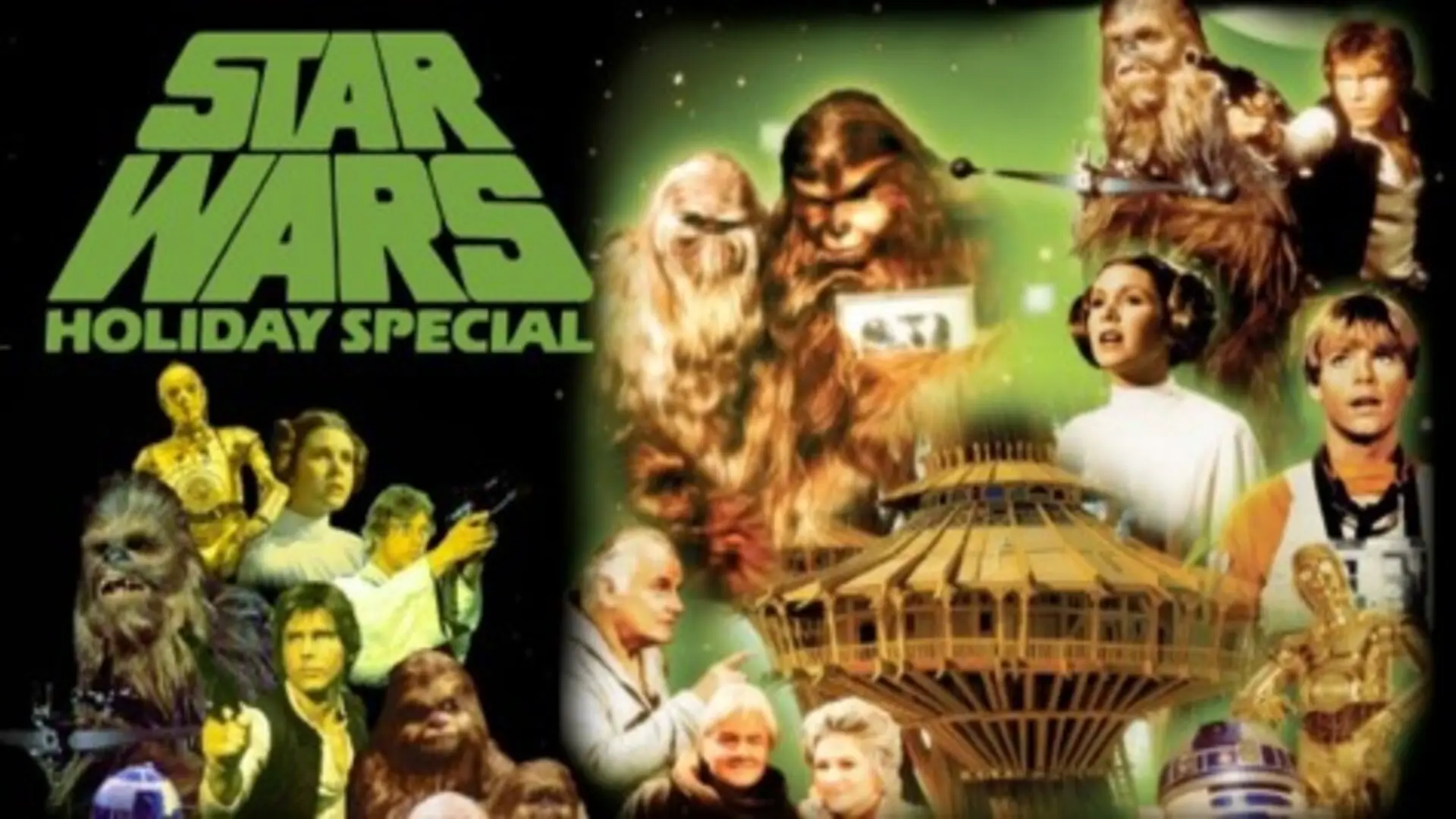Imagen nostálgica del Star Wars Holiday Special (1978), con Chewbacca y su familia celebrando el Día de la Vida en un ambiente festivo y galáctico