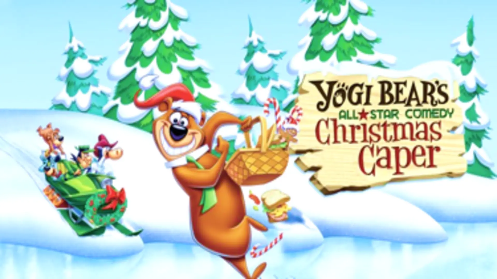 Yogi y Boo Boo disfrazados de Santa en la ciudad, junto a sus amigos animados