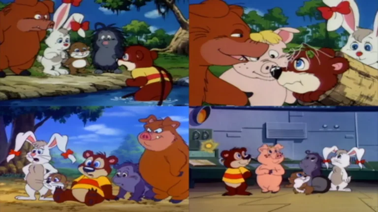 Kissyfur y Gus en la serie animada retro de 1986, viviendo aventuras en los pantanos con sus amigos animales