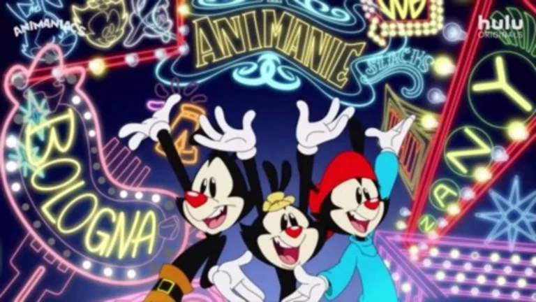 Escena retro de Animaniacs (2020), serie animada de comedia absurda con sátira moderna y regreso de los hermanos Warner