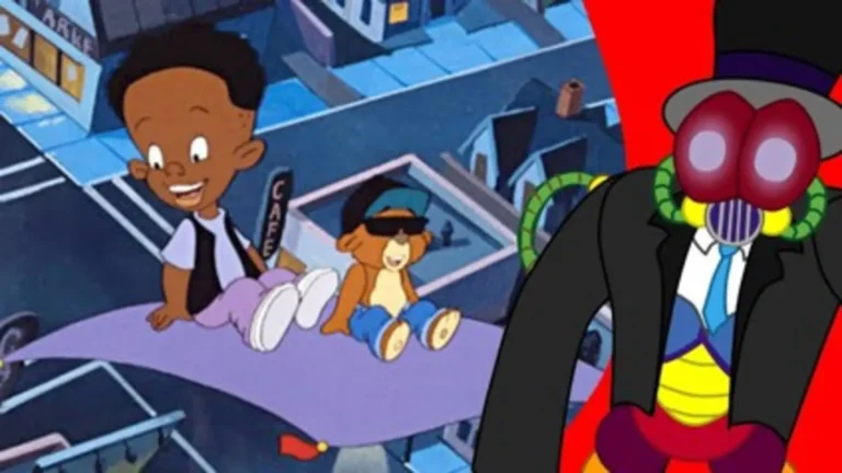 C Bear y Jamal en escena animada con fondo urbano y estilo musical noventero