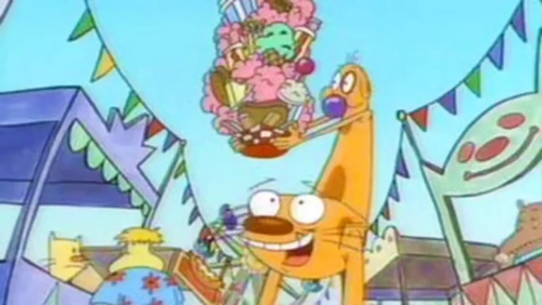 Escena retro de CatDog (1998), serie animada de comedia absurda con hermanos siameses mitad gato y mitad perro