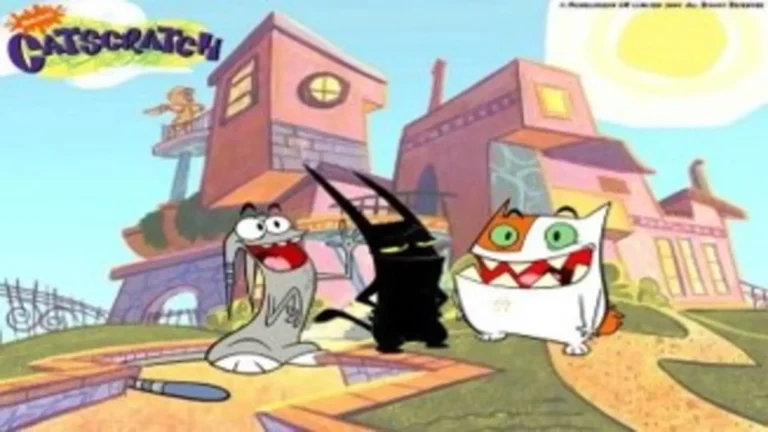 Escena retro de Catscratch (2005), serie animada de comedia surrealista con gatos herederos y aventuras paranormales