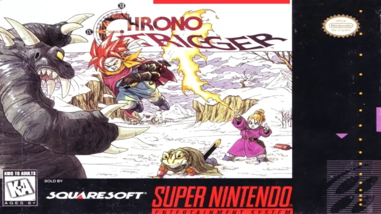 Chrono Trigger (1995), portada retro para Super Nintendo con arte de Akira Toriyama y estética de aventura épica