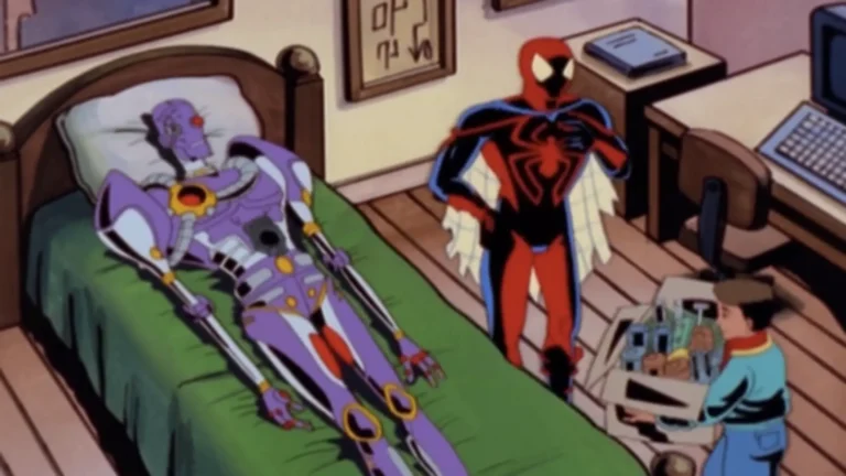 Spider-Man en la Contra-Tierra enfrentando a Venom y Carnage en estilo animado retro de 1999