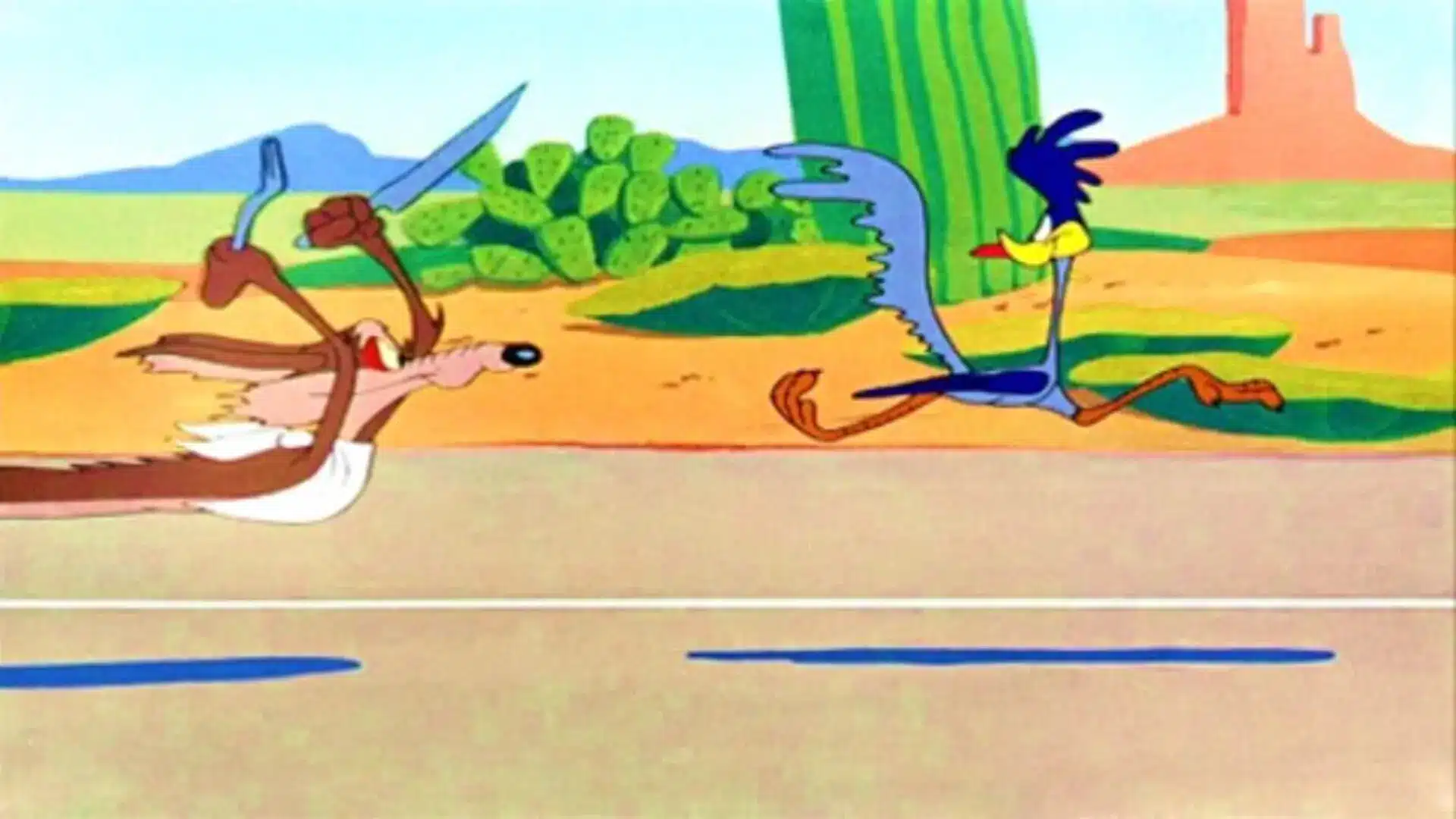 Wile E. Coyote persiguiendo al Correcaminos en El Show del Correcaminos (1966), serie animada clásica