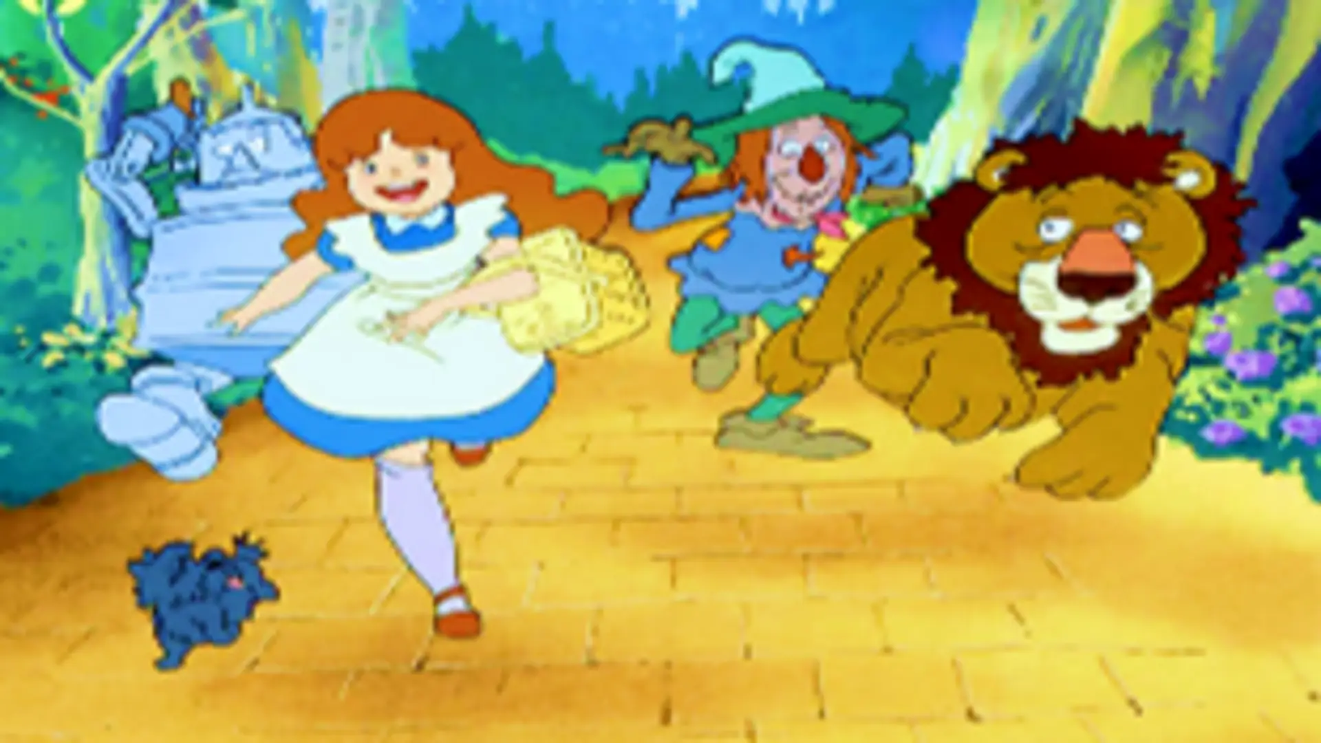 Escena del anime El maravilloso mago de Oz (1986), con Dorothy y sus amigos en el camino amarillo