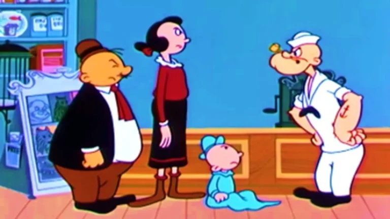 Escena de El nuevo show de Popeye (1978), serie animada retro con Popeye, Olivia y Bluto