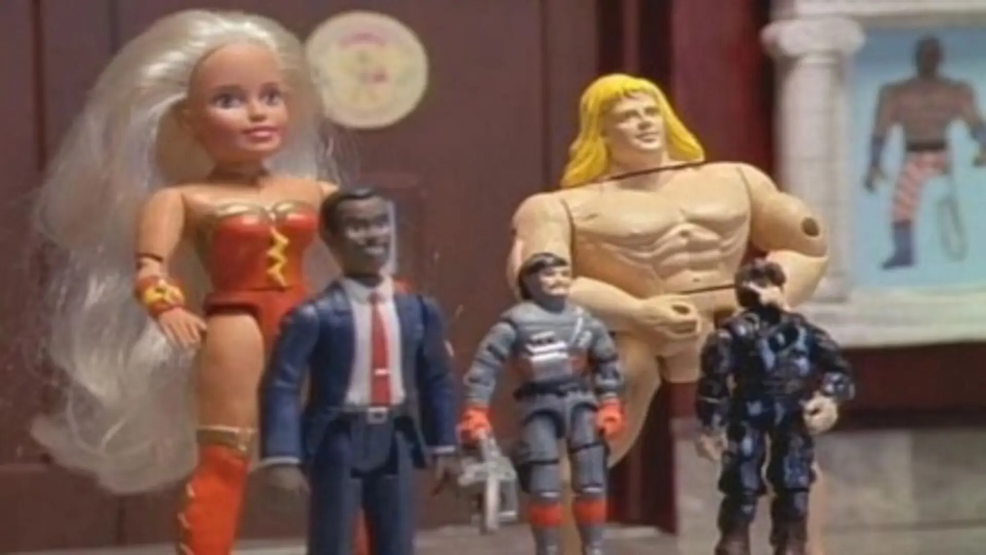 Escena retro de La Liga de La Acción (2001), serie animada de comedia absurda con superhéroes de juguetes