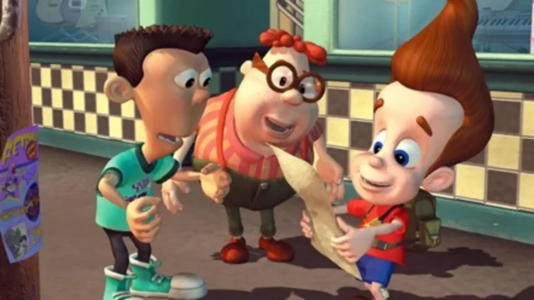 Escena retro de Jimmy Neutrón (2002), serie animada de ciencia ficción y comedia con inventos descontrolados