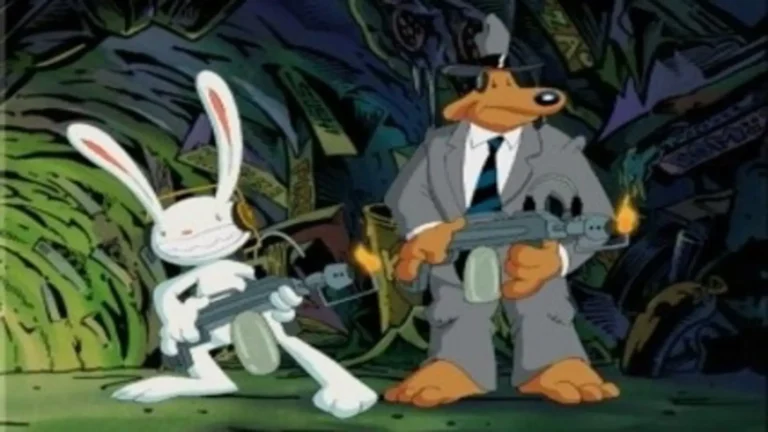 Sam y Max en escena caricaturesca con fondo surrealista y estilo animado retro