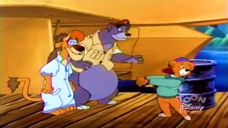 Baloo y Kit en Los Aventureros del Aire (1990), serie animada de Disney con piratas aéreos y aventuras tropicales