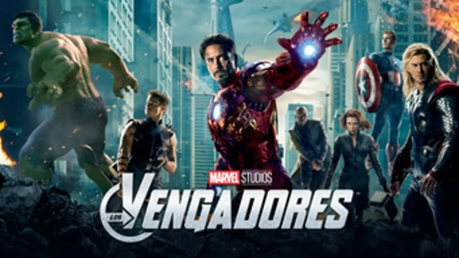 Escena retro de The Avengers: Los Vengadores (2012) con héroes reunidos y acción épica