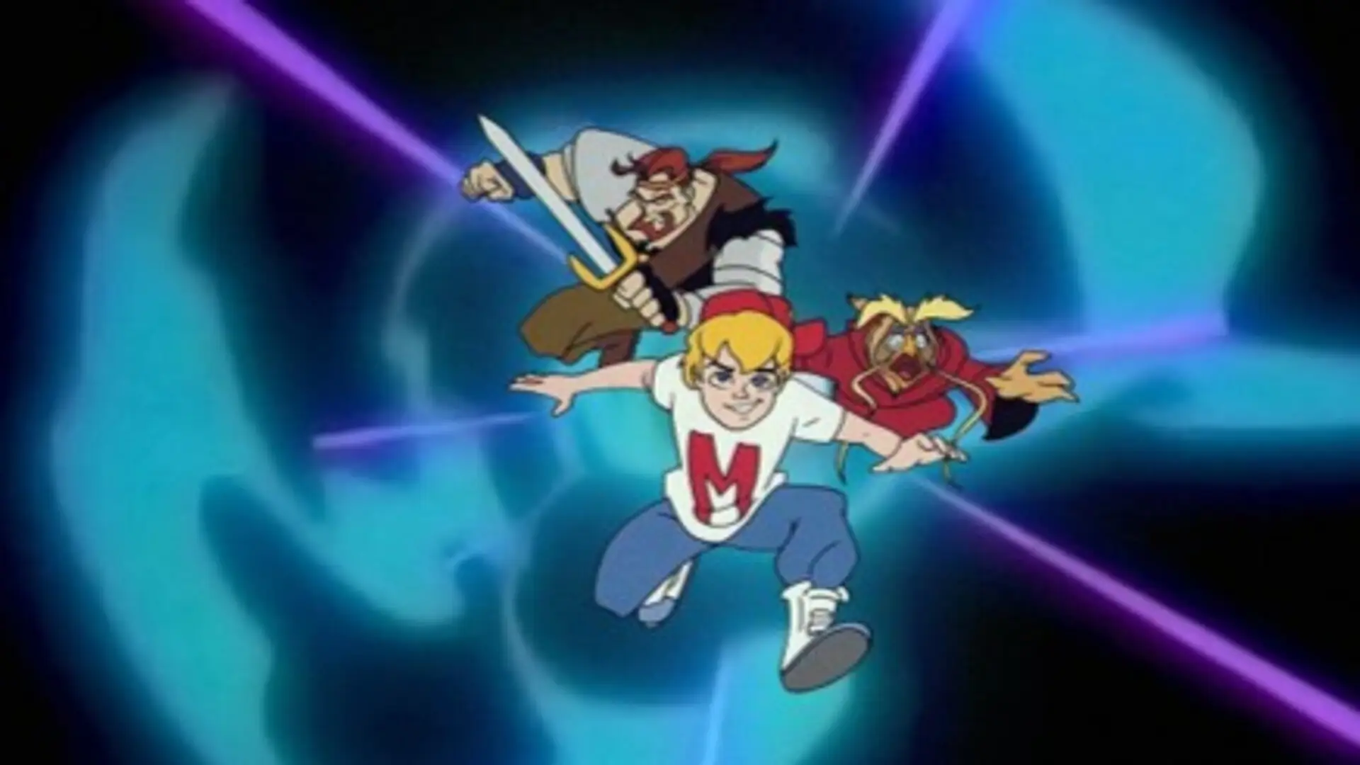 Max activando su gorra mágica frente a portal dimensional con Virgil y Norman en escena animada retro