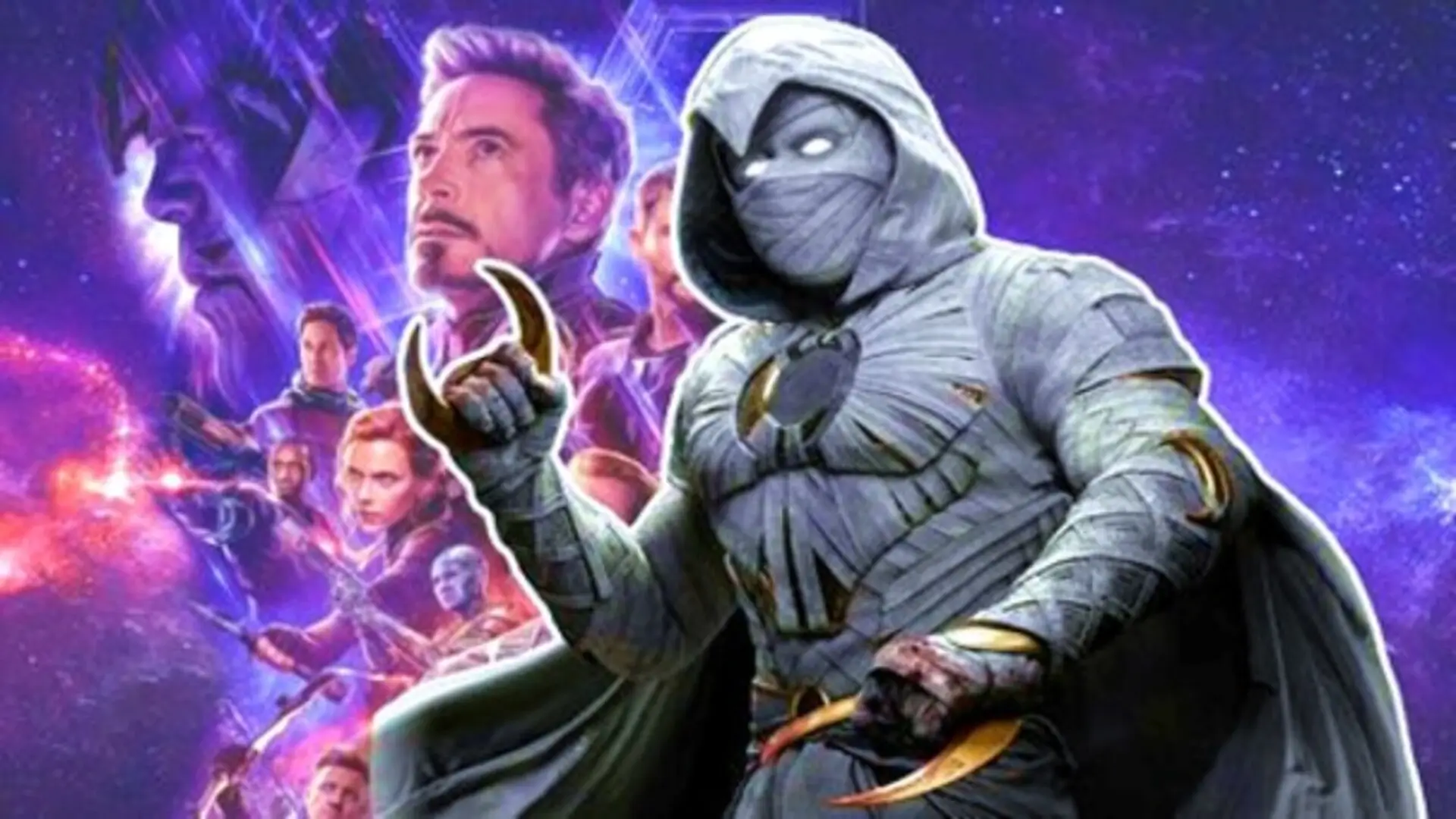 Escena retro de Moon Knight (2022) con Marc Spector y Steven Grant enfrentando visiones y dioses egipcios