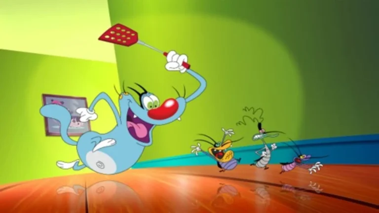 Oggy y las cucarachas en escena caótica con estilo animado francés retro de 1998
