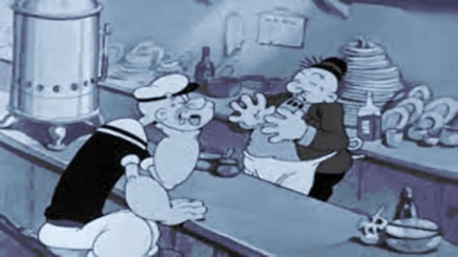 Escena de Popeye el marino (1960), serie animada retro con Popeye, Olivia y Brutus
