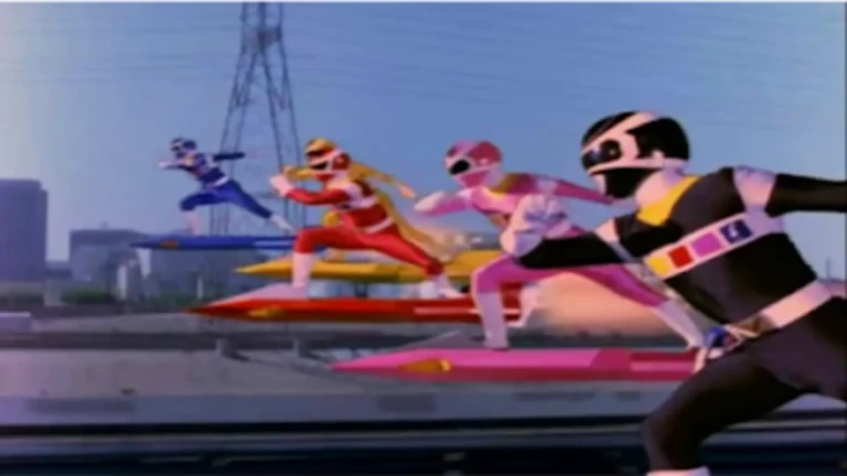 Power Rangers en el espacio (1998) en formación galáctica con trajes futuristas y fondo estelar