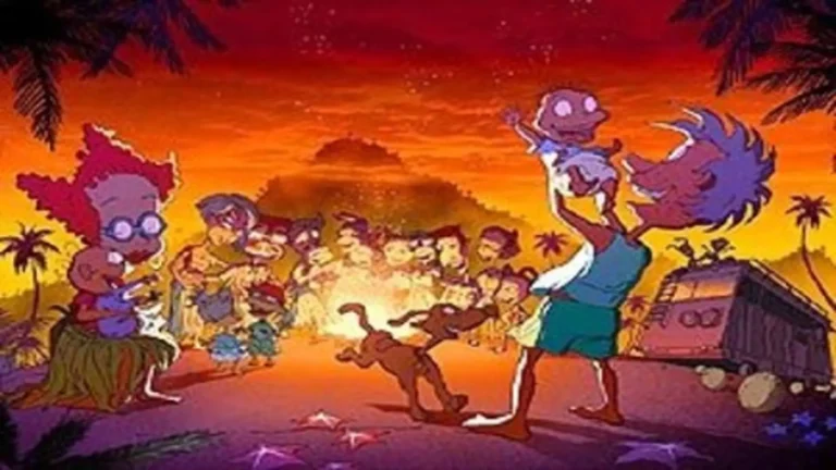 Escena retro de Rugrats: Vacaciones Salvajes (2003), película animada de aventura con crossover entre bebés y exploradores