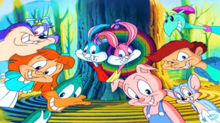 Buster Bunny y Babs Bunny en la Looniversidad ACME, con estilo animado retro y humor Looney