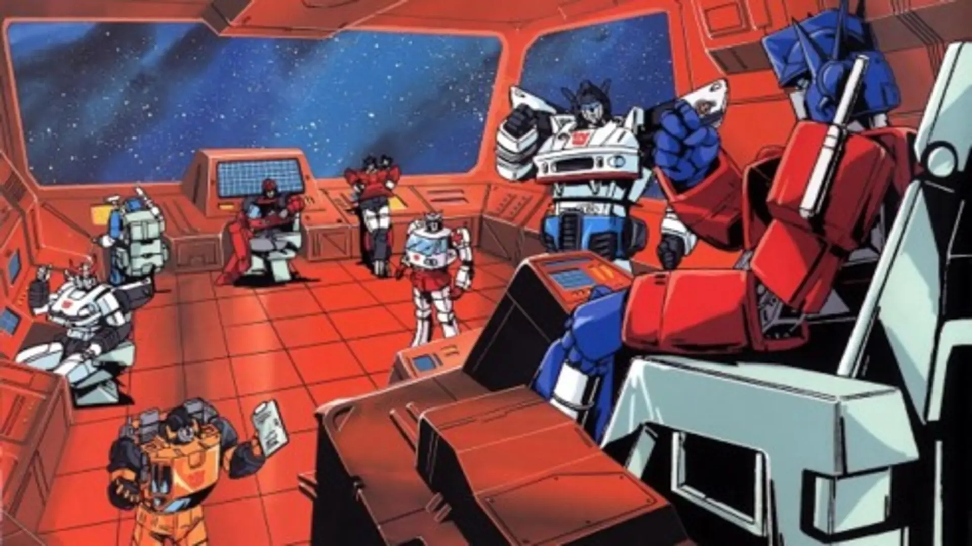 Optimus Prime y Megatron en batalla robótica de Transformers G1 (1984), estilo animado retro