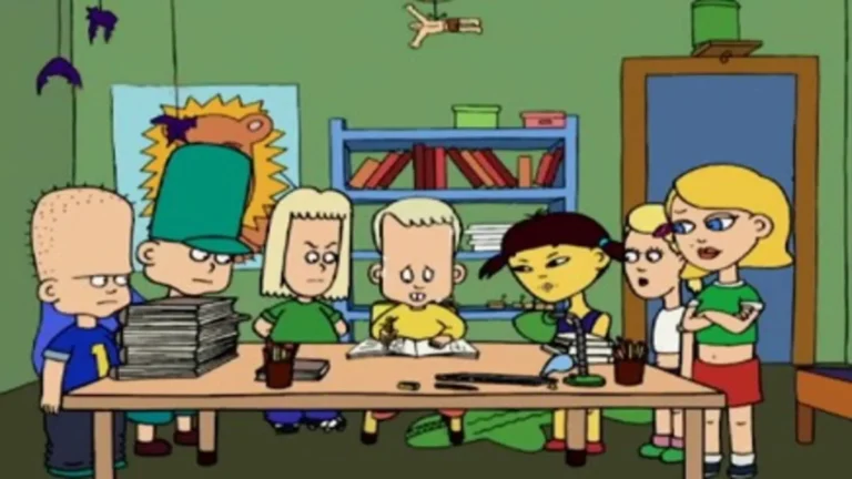 Jerry y los tres amigos en escena animada con fondo escolar y estilo minimalista europeo