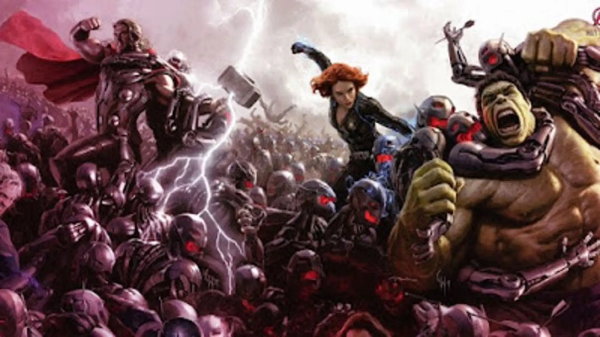 Escena retro de Avengers: Age of Ultron (2015) con Ultron, Vision y los Vengadores en acción épica