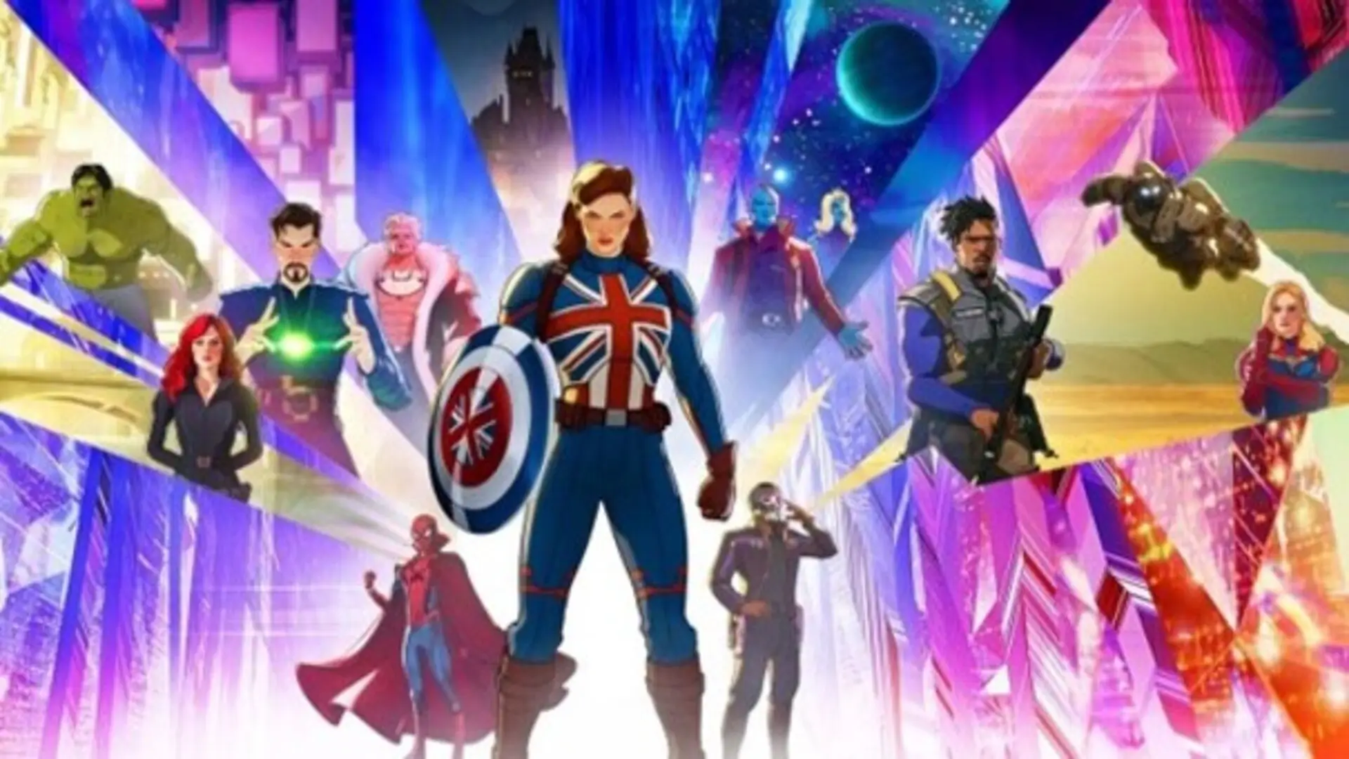 Escena retro de What If...? (2021) con El Vigilante observando realidades alternativas del MCU en estilo cómic animado