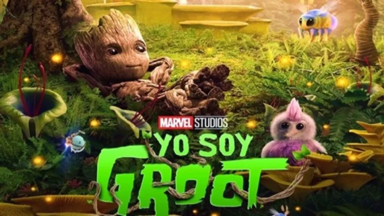 Baby Groot en escena animada retro de la serie Yo soy Groot (2022) con estética cósmica y humor tierno