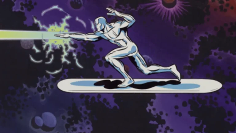 Silver Surfer (1998) surcando el cosmos con estilo Kirby y fondo psicodélico