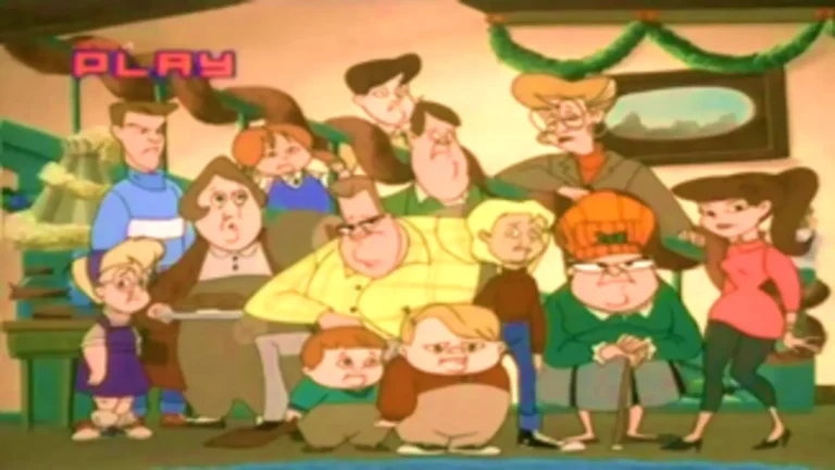 Louie Anderson niño en escena animada con fondo suburbano y estilo retro noventero