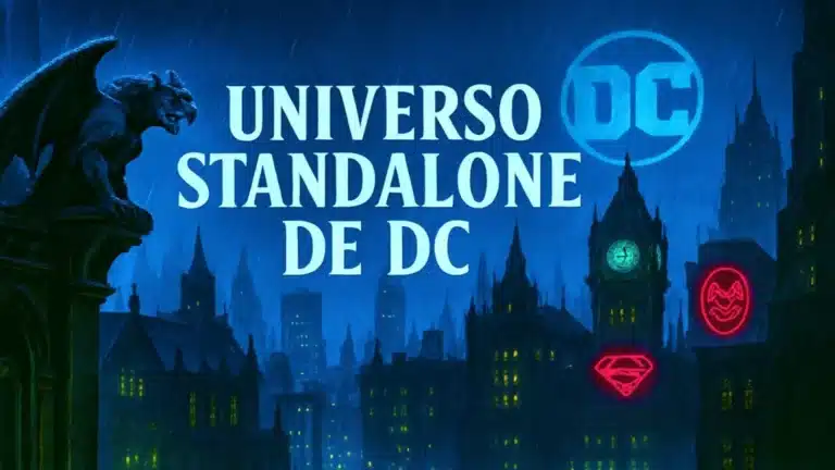 Poster ilustrativo de películas animadas del Universo Standalone de DC con héroes icónicos en estilo artístico